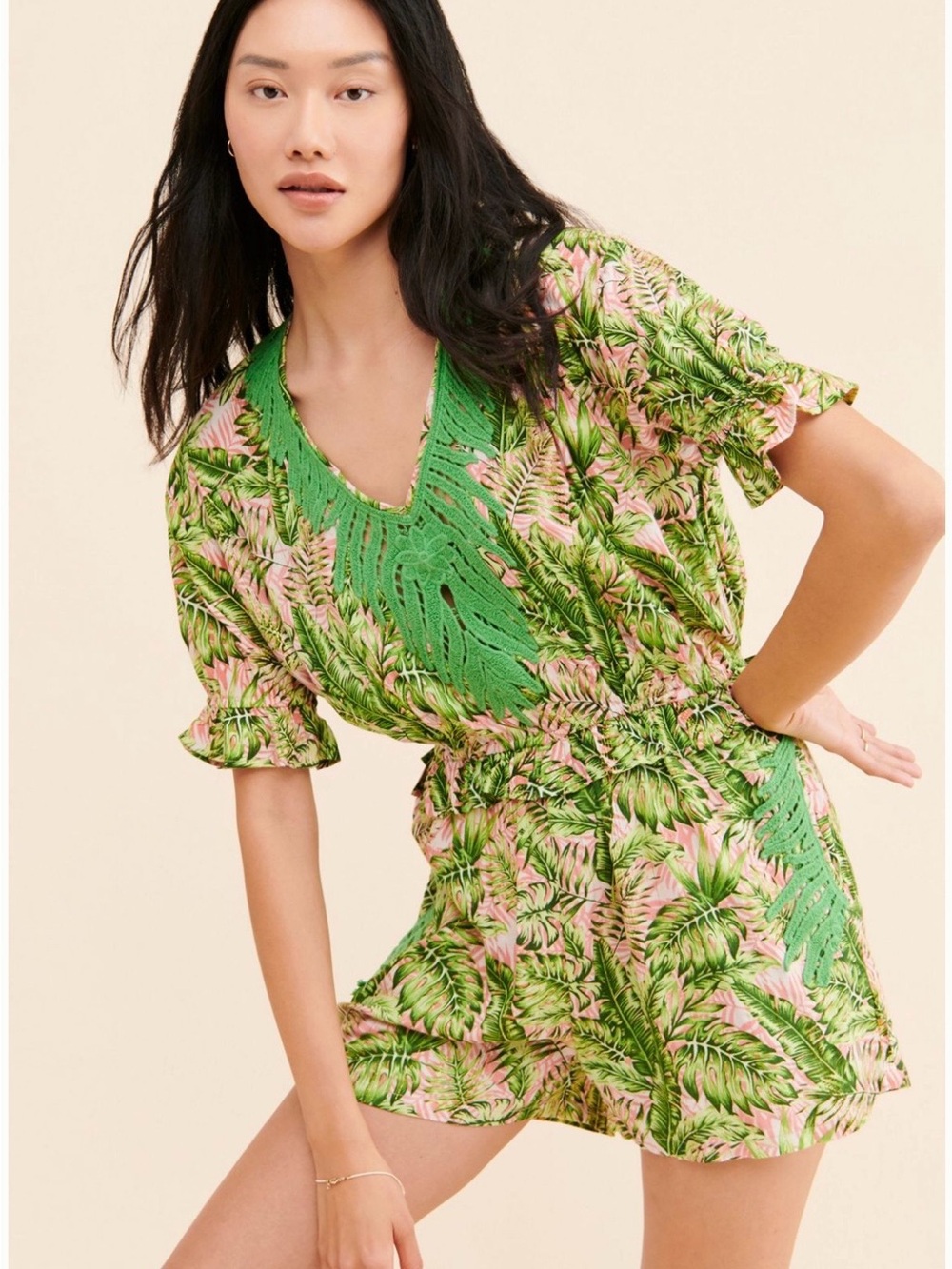 ipsy Pink and Green Tropical Crochet-Trim Romper